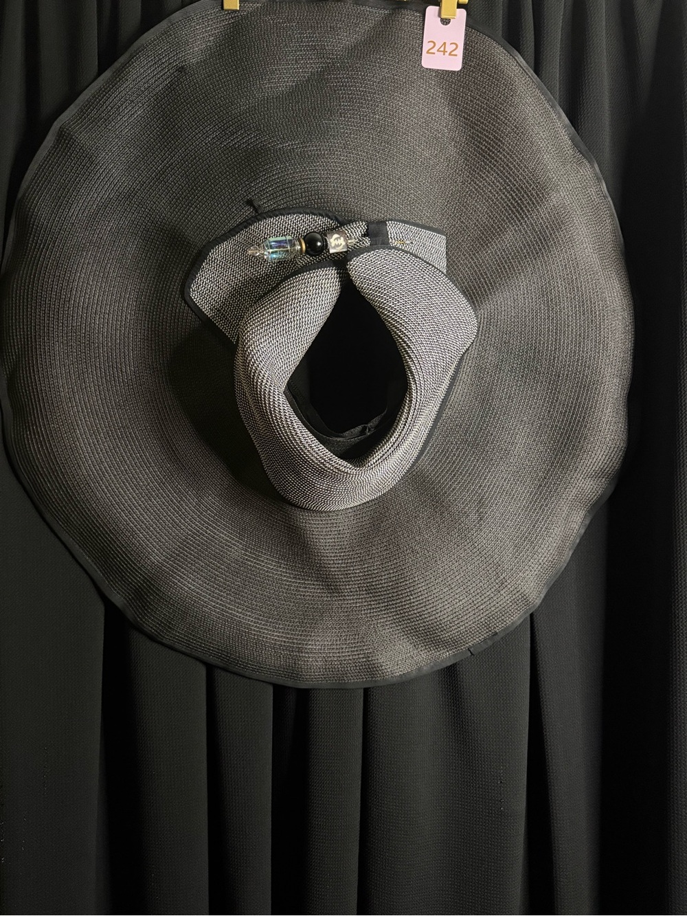 Wide-Brim Black Women's Sun Hat with Bead Accent